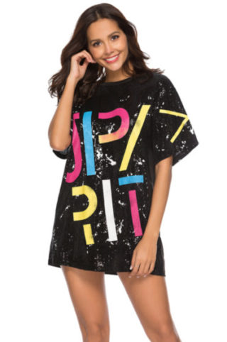 Sequined Letter Printed Loose Dress